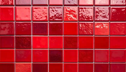 Red ceramic mosaic tile texture with high-gloss finish, subtle shadows, and visible grout lines.