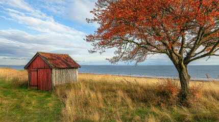 Autumn Serenity: Rowan Tree and Sheds by the Sea in Fall

