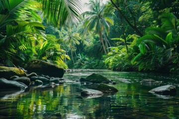 Serene Tropical River in Lush Jungle Paradise