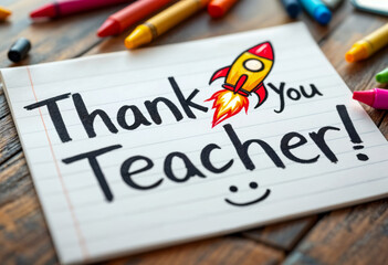Playful thank you teacher card with colorful rocket illustration and handwritten text on lined paper background