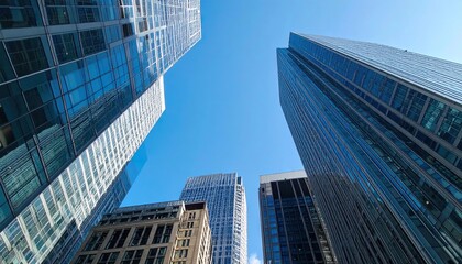 Captivating perspective of skyscrapers reaching towards the vibrant azure sky