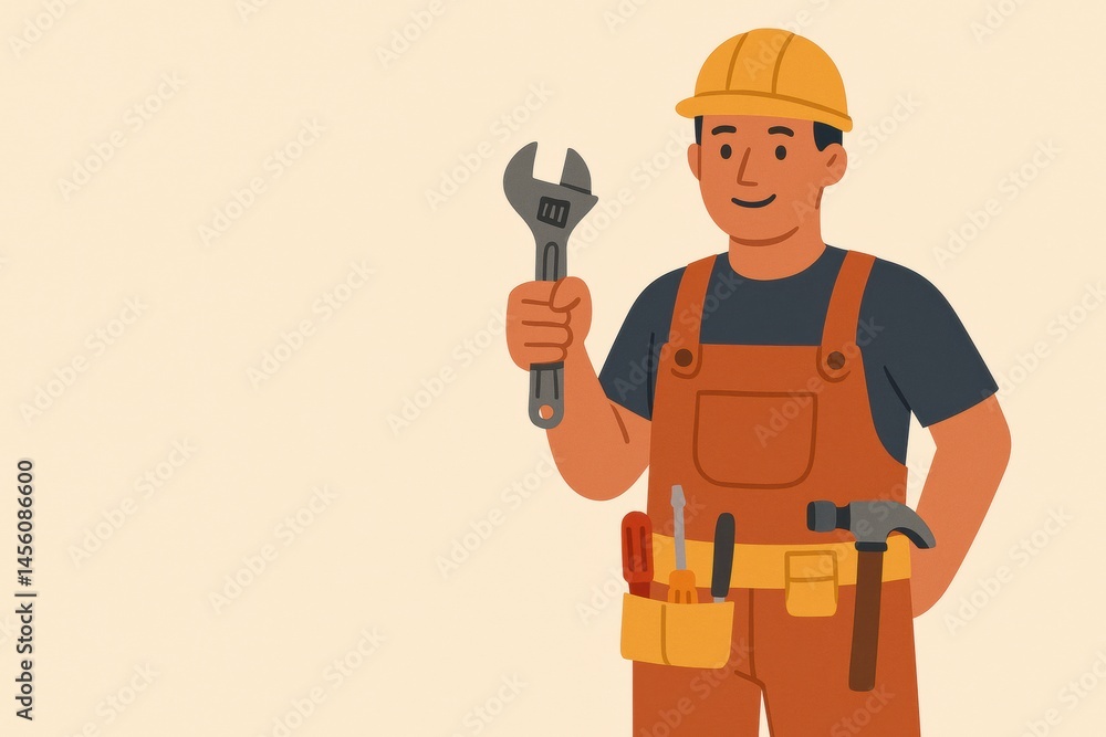 Poster skilled worker holding a wrench and smiling in a work environment with tools in his belt generative 