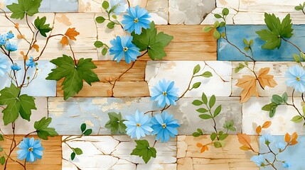 Watercolor Floral Design on Rustic Wooden and Stone Tile Background