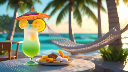 Sun-Kissed Tropical Beach with Refreshing Drink
