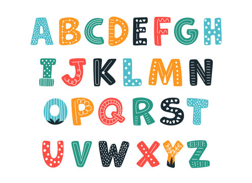 Fototapeta Hand drawn cartoon letters. Ethnic style alphabet for children, scandinavian design. Decorative capital letter, symbols for typography, classy vector set