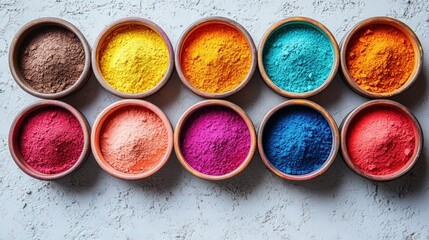 Vibrant colorful powder pigments in small bowls