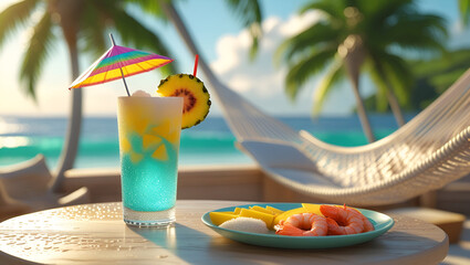 Sun-Kissed Tropical Beach with Refreshing Drink
