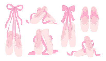 Pointe shoes. Ballet dancers shoe in different rotation. Girl pink slippers with silk ribbons. Dance symbols hang on ribbon, footwear for dancing racy vector set © LadadikArt