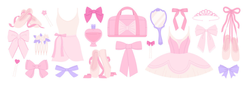 Cartoon ballet elements. Pink girly dance studio accessories. Dress, tutu, bows and hair clips, pointe shoes, perfume and bag, racy vector clipart