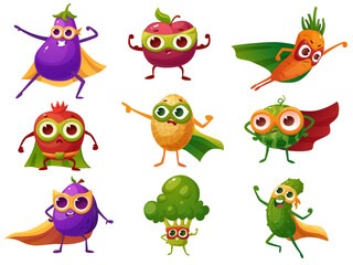 Fruits vegetables superheroes. Carrot melon broccoli plum cucumber in action poses. Fresh vitamin characters in red hero capes and masks, nowaday vector set