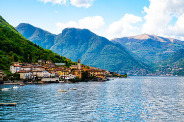 The village of Lezzeno and panorama of Lake Como, photographed during the day in spring.