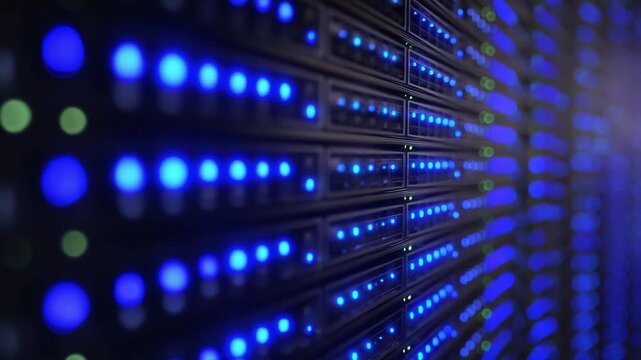 Database management and data storage technology on server racks with glowing blue lights in network and rack environment for efficient data handling