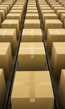 Organized cardboard boxes lined up on conveyor belts in a warehouse. Rows of stacked boxes, uniform in size, extend from the foreground to the background.  Boxes appear ready for shipment or storage