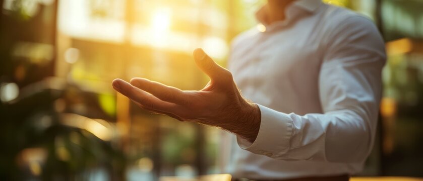 Caucasian businessman presents something with open hand gesture, offering positive prospect or opportunity.
