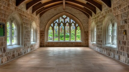 Obraz premium Historical stone chamber featuring vaulted ceiling stained glass windows and arched openings evoking timeless architectural beauty