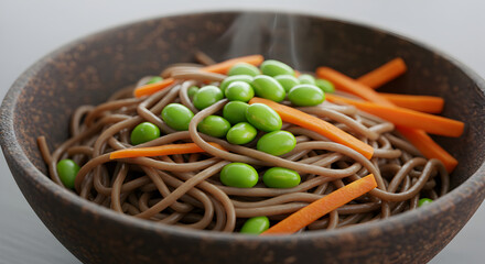 Delicious Buckwheat Noodles With Edamame And Carrots In A Rustic Bowl