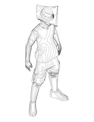 A man in a boxy costume stands in front of a white background. The man is wearing a black shirt and black pants. The costume is made of a material that looks like cardboard