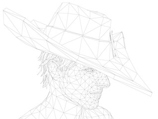 A man wearing a hat is drawn in black and white. The hat is a triangle shape and is positioned on the man's head