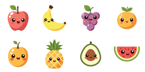 Adorable kawaii fruit icons with smiling faces in a flat cartoon style. Perfect for stickers, children’s designs, and fun educational visuals