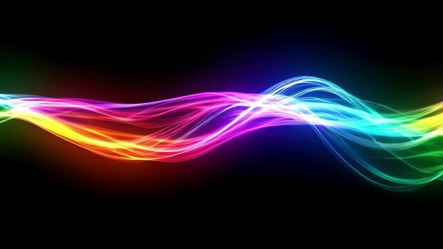 rainbow neon fluid waves with glowing light on black background