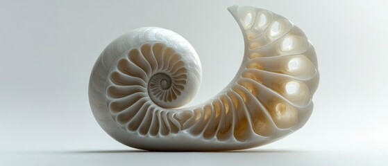 Nautilus shell displays intricate inner chambers and pearl-like surface, representing natural beauty and mathematical perfection.