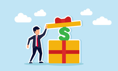 Businessman opening a gift box containing a dollar sign, illustration of dividend distribution on stock ownership
