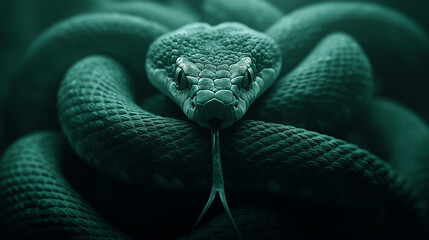Fototapeta premium Close-up of a green serpent resting calmly in its natural habitat during twilight hours