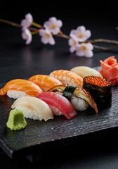 Artfully styled sushi plate surrounded by delicate flowers, featuring colorful seafood pieces, created with AI for refined culinary and presentation purposes.