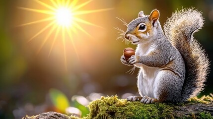Obraz premium Squirrel Holding Acorn in Sunlit Natural Setting with Soft Light