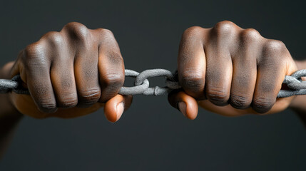 Fototapeta premium African American hands holding broken chain in fists, man breaking chains, Juneteenth, Emancipation Day in the USA, June 19, fight against slavery