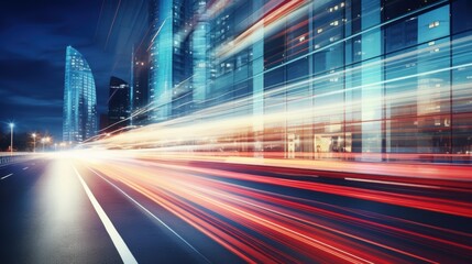 Obraz premium Light trails on the modern building background. Light trails at night in urban environment, Abstract Motion Blur City, traffic, transportation, street, road, speed.