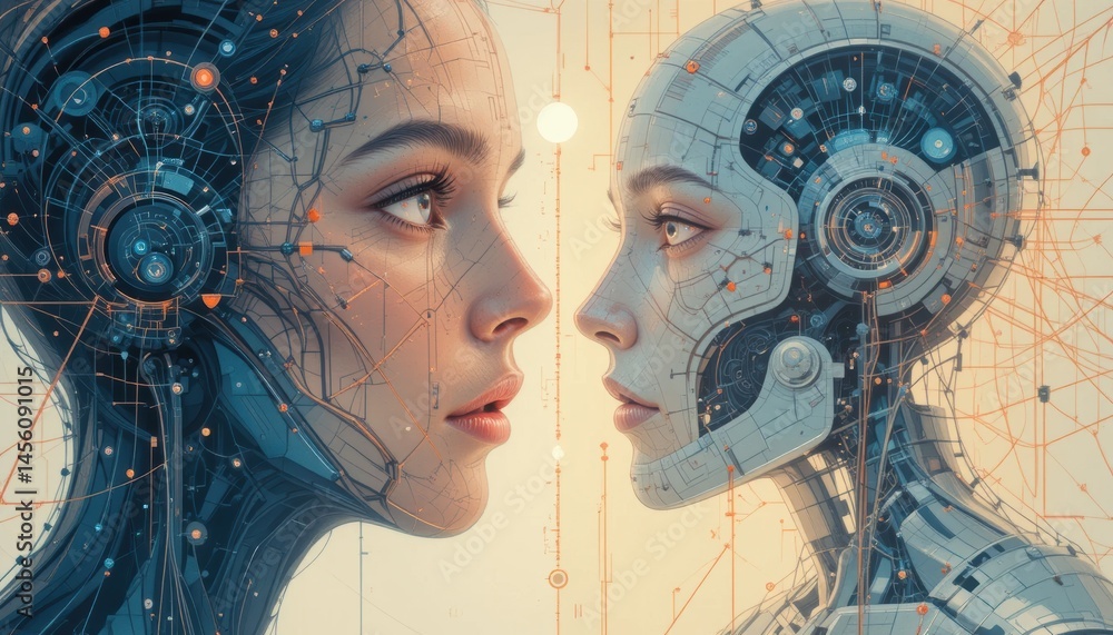 Poster a human and a robot face each other, highlighting the connection between technology and humanity in 