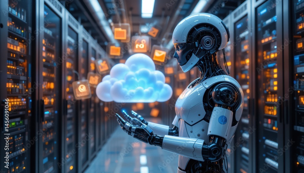 Poster a humanoid robot interacts with a holographic cloud interface in a futuristic data center surrounded