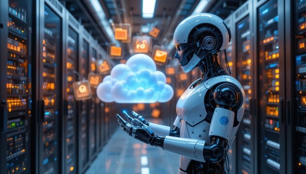 A humanoid robot interacts with a holographic cloud interface in a futuristic data center surrounded by servers.