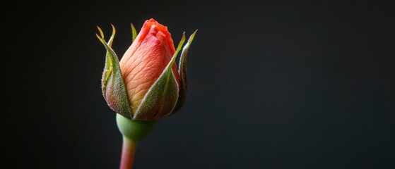 Rose bud emerges gracefully against a dark background showcasing petals in soft light, creating minimalist, serene scene.