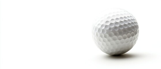 Golf ball sits isolated against bright white background casting slight shadow, representing sport equipment.
