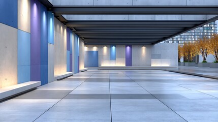 Fototapeta premium Modern Concrete Architecture Stylish Blue and Purple Accented Plaza Design