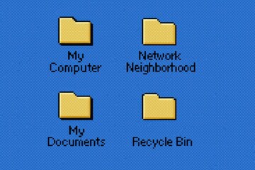 Windows 95 style graphics with folders, pixels and blue background   © Maxim Chaploutskiy 