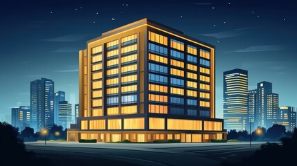 Vibrant pixelated cityscape illustration at night showcasing modern buildings and urban lights enhancing architectural artistry
