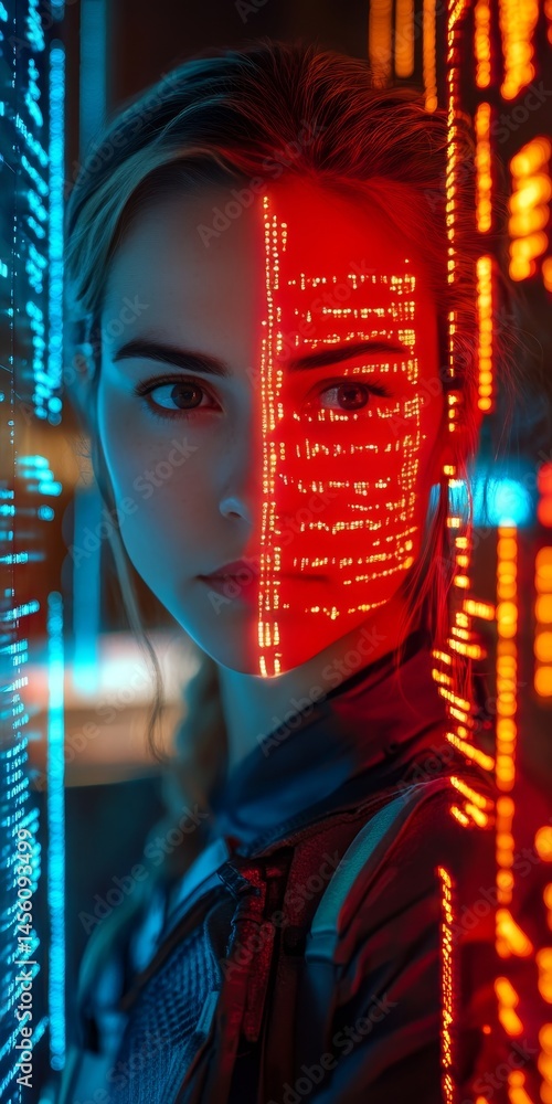 Poster woman with half her face overlaid with binary code in double exposure effect for cybersecurity theme