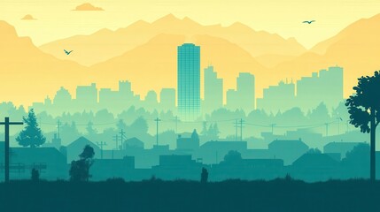 Stylized cityscapes illustration evokes a retro aesthetic pixel art style for backgrounds website headers and modern digital content
