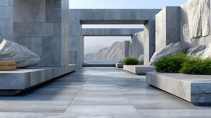 Obraz premium Modern Minimalist Architecture Stone Patio with Ocean View Landscaped Design