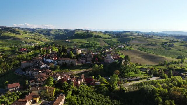 Neive, Piedmont, Italy - A Charming Medieval Village Renowned for its Wine, History, and Breathtaking Landscapes - Orbit Drone Shot