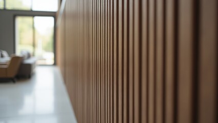 Slat wall panel. Modern wooden slat wall interior design blurred livin