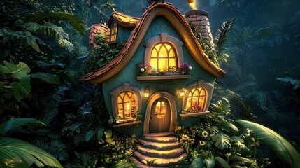 Fototapeta premium Enchanted woodland dwelling glowing warmly amidst lush greenery evokes whimsical escapism and fairytale inspiration for storybook themes