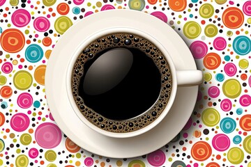 A cup of coffee on a saucer, set against a vibrant background of colorful circles