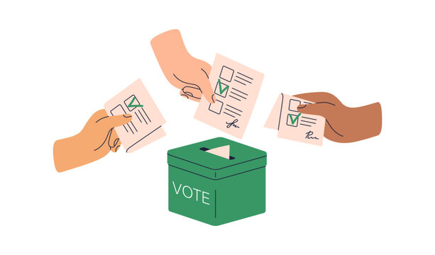Hands casting paper ballots into vote box during election. Voters with democratic choice, electing candidates. Political campaign, poll concept. Flat vector illustration isolated on white background