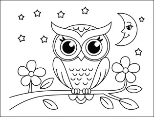 Cute Cartoon Owl on Branch at Night Coloring Page