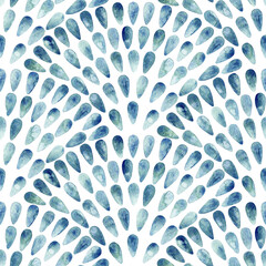 Seamless watercolor pattern with dynamic arch-shaped raindrops in blue and green tones. Perfect for bright backgrounds and modern designs. Hand-drawn.