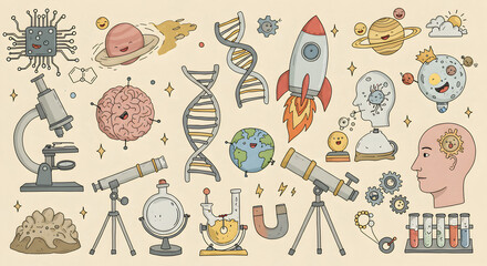 A Vibrant Illustration of Science Exploring the Cosmos, DNA, and the Human Brain